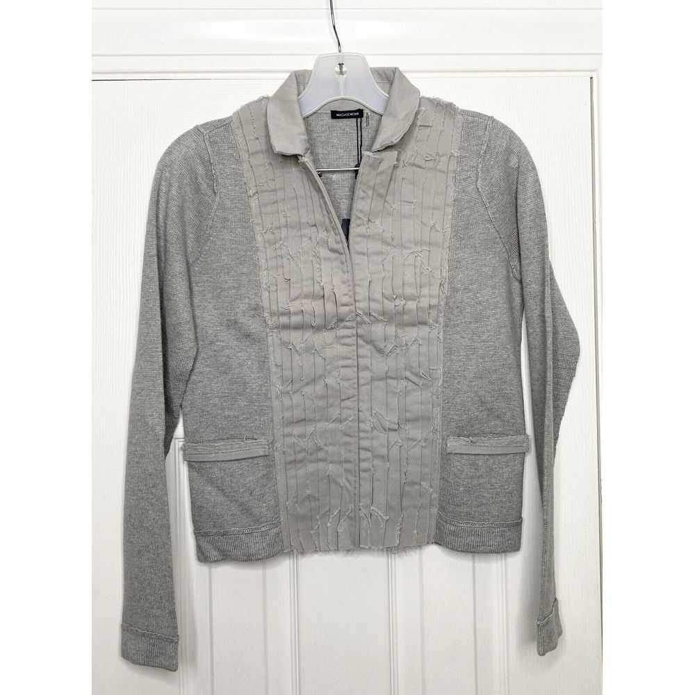 Magaschoni Women's Long Sleeve Ruffle Cardigan Sweater‎ Hook & Eye Grey XS New